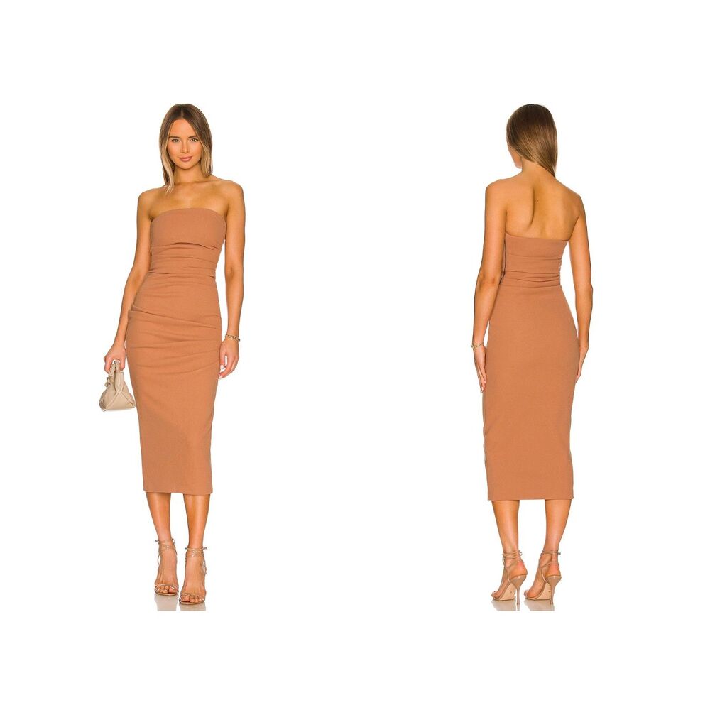 NWT Misha Calandra Ruched Strapless Dress in Praline Size 2 *Small Flaw*
